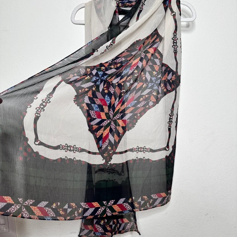 Brooks Brothers Patchwork Star Chain‎ Link Silk Scarf Black Cream Sheer Wrap